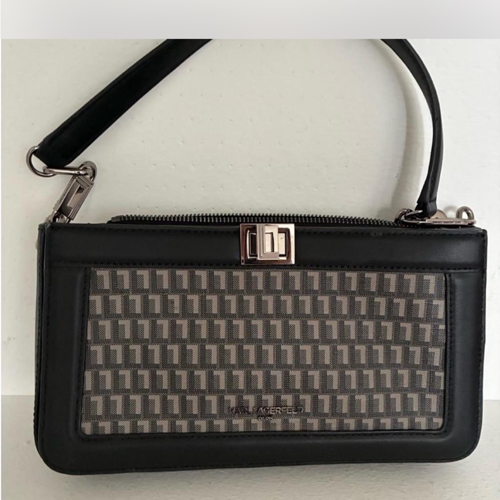 Karl Lagerfeld Black And Gray Signature Pattern Shoulder Bag